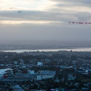 That time we flew a #doublttherefugeequota plane over a sold-out Eden Park All Black's match